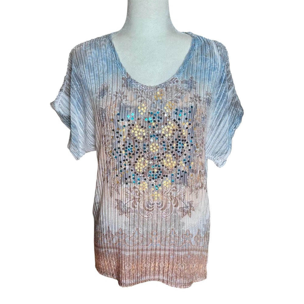 Dressbarn Sequin Short Sleeve Tee Top Blue Brown Size L